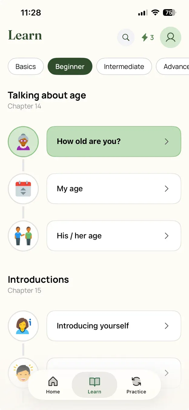 The Learn screen, listing lesson chapters