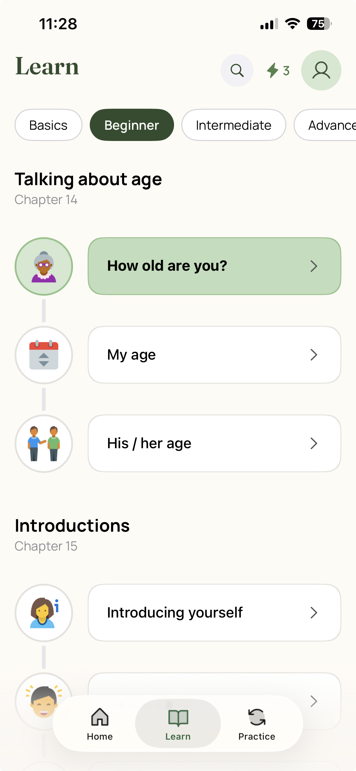 Learn screen showing lesson chapters
